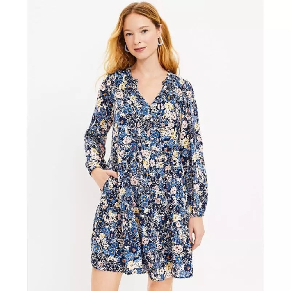 LOFT Deep Space Blue Desert Garden Tiered Pocket Dress size XL